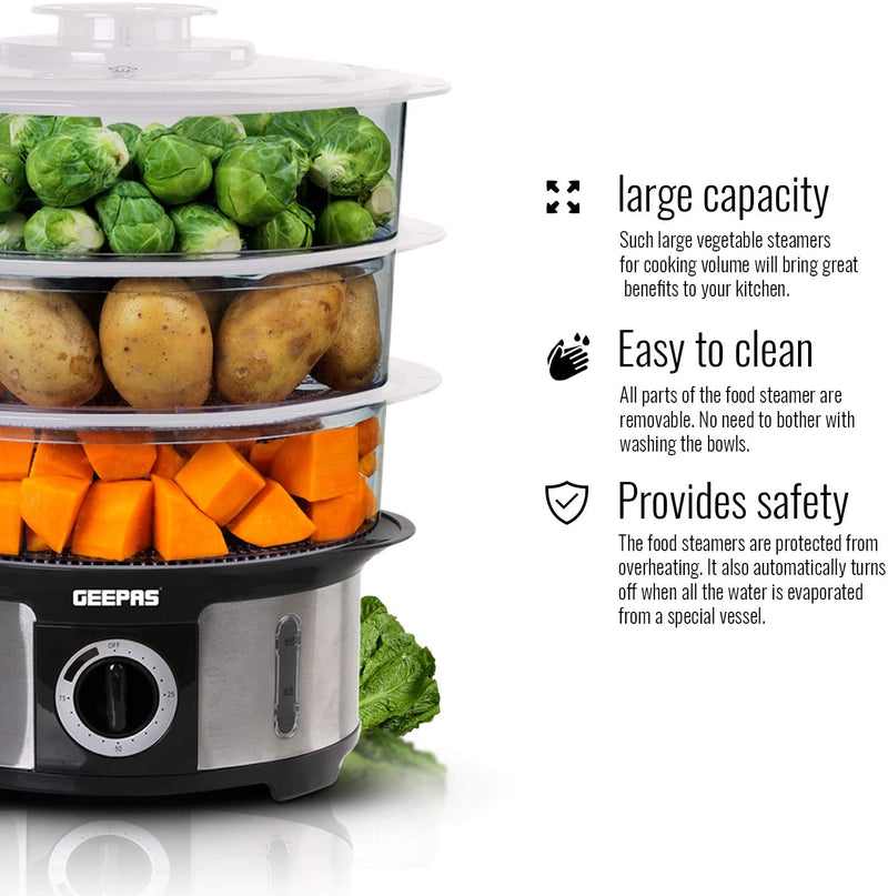 Geepas 3-Tier Food Steamer, 12L Capacity Electric Vegetable Steamer with BPA Free Removable Baskets for Healthy Steam Cooking