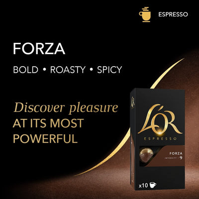 L'OR Espresso Forza Intensity 9 - Nespresso Compatible Aluminium Coffee Capsules - 10 Packs of 10 Capsules (100 Drinks)