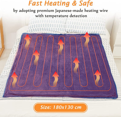 Mia&Coco Electric Heated Blanket Throw Flannel Sherpa Fast Heating 130x180cm, 10 Heat Levels, Auto-Off Timer, LED Display, Machine Washable, Blue