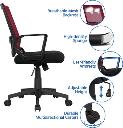 Yaheetech Adjustable Computer Chair Ergonomic Mesh Work Chair Reclining Mid-Back Study Chair with Comfy Lumbar Back Support for Home Office Red