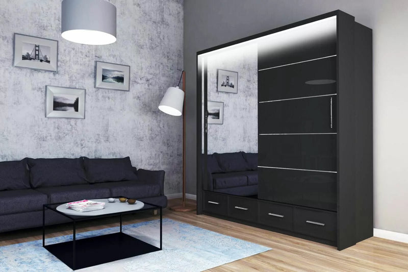 Mendeley 208cm High Gloss Sliding Wardrobe - Black, White, Grey