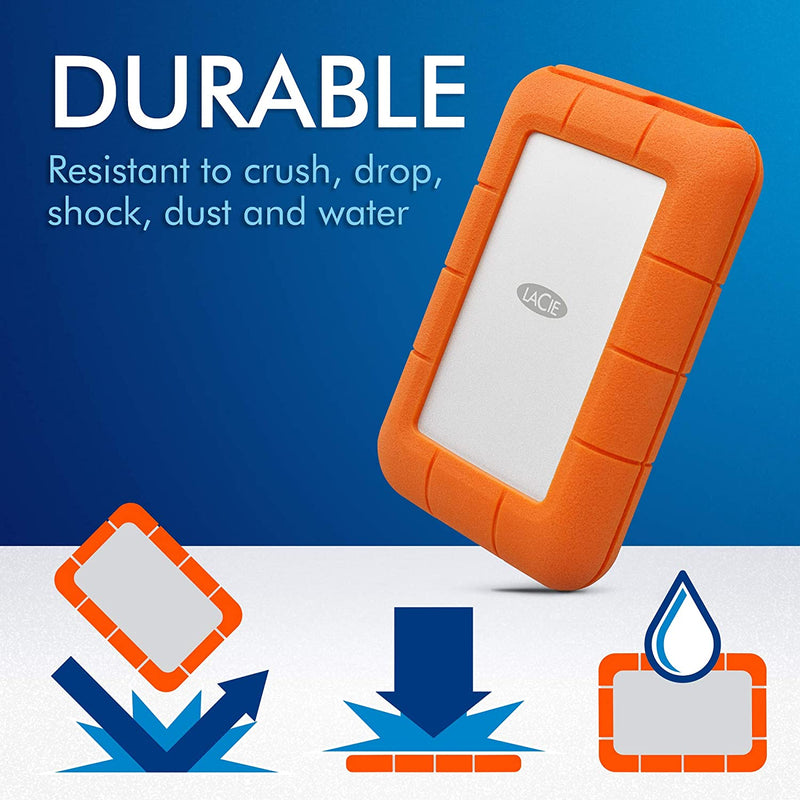 LaCie Rugged USB-C, 2TB, Portable External Hard Drive, Drop, Shock, Dust, Rain Resistant, for Mac & PC, incl. USB-C w/o USB-A cable (STFR2000800)