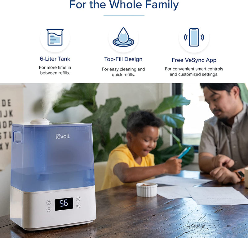 LEVOIT Smart Humidifiers for Bedroom & Baby, 6L Top-Fill Cool Mist, Quiet Sleep Mood & Alexa Control, Essential Oil Diffuser, Up to 60H for 47㎡, Blue