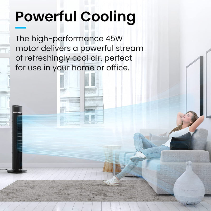 Pro Breeze Oscillating 40-inch Tower Fan, Powerful 45W Motor Portable Fan, 3 Cooling Fan Speeds, 4 Modes and 15 Hour Timer for Home & Office - Black