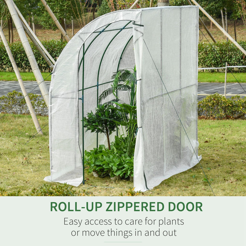 Outsunny Outdoor Walk-In Lean to Wall Greenhouse with Zippered Roll Up Door and PE Cover, 214L x 118W x 212Hcm, White