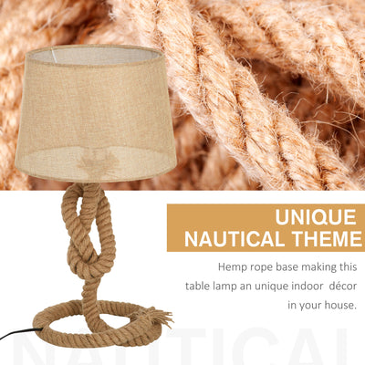 HOMCOM Nautical Style Rope-Base Table Lamp w/ Fabric Lampshade Metal Frame Power Switch Unique Lighting Furnishing Bedroom Living Room Study Beige