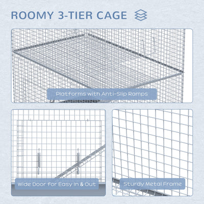 Pawhut 3-Level Metal Hamster Cage Small Animal Rat Rodent Pet Hutch Ferret Chinchilla Platform Feeding Habitat Easy Clip Base Ladder Grey