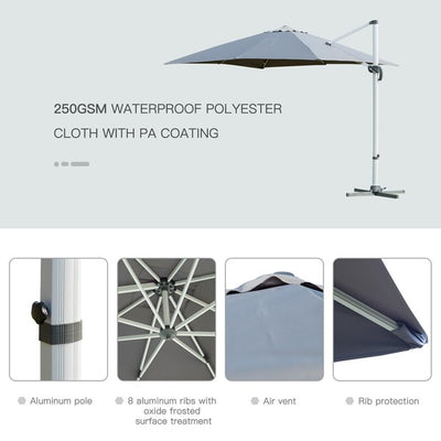 3M Cantilever 360 Degree Rotation Hanging Parasol W/ Cross Base - Grey