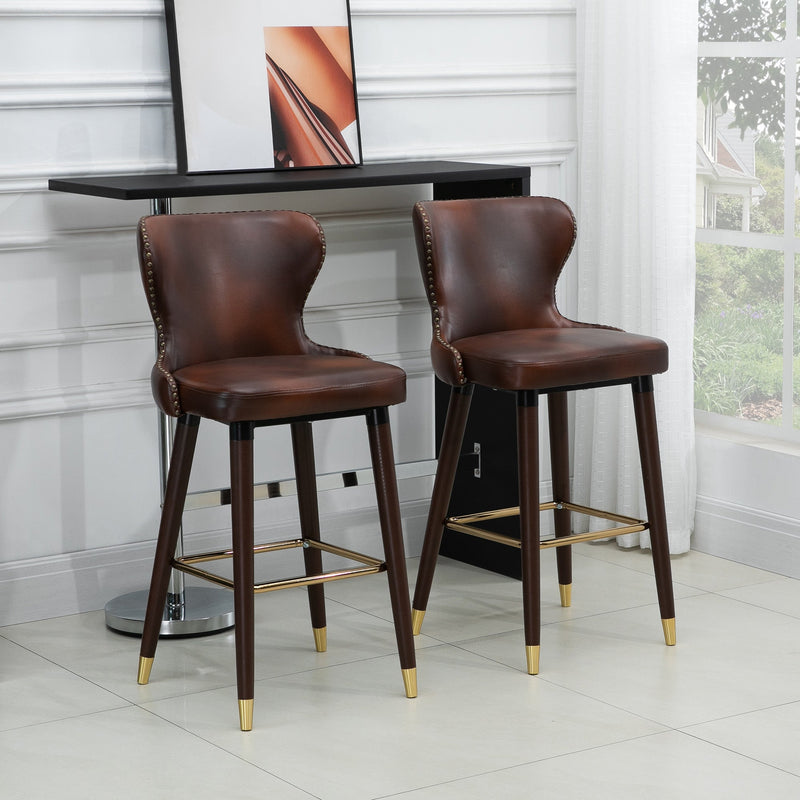 HOMCOM Bar Stools Set of 2 PU Leather Vintage Counter-Height Bar Chair Luxury European Style Kitchen Stools with Back Brown