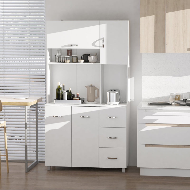 HOMCOM Freestanding Kitchen Storage Unit w/ Cupboard Cabinets Open Compartments Drawers Metal Handles Side Shelf Server Organisation Furniture White