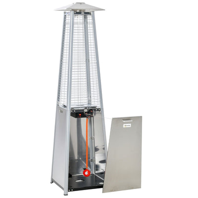 Outsunny 11.2KW Outdoor Patio Gas Heater, Pyramid Propane Tower With Wheels, Dust Cover, Regulator Hose, Silver