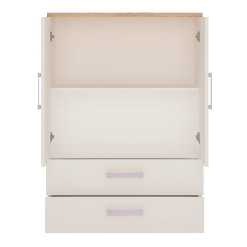 4Kids 2 Door 2 Drawer Cabinet in Light Oak and white High Gloss (lilac handles)