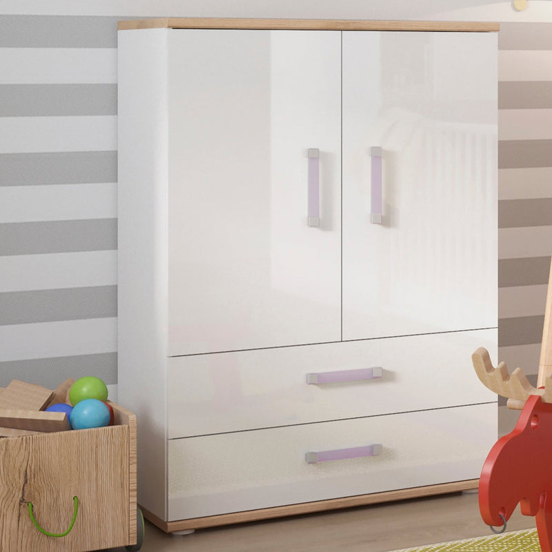 4Kids 2 Door 2 Drawer Cabinet in Light Oak and white High Gloss (lilac handles)