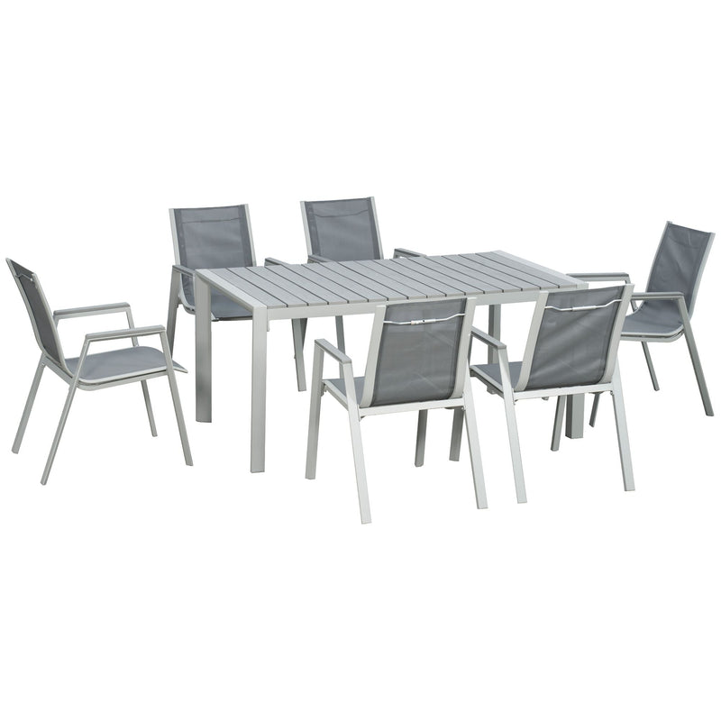 Outsunny 7 Pieces Garden Dining Set, Outdoor Table and 6 Armchairs, Aluminium Frame Slatted Wood Grain Plastic Top Table Mesh Fabric Seats Light Grey