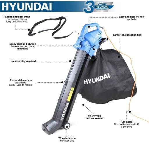 Hyundai 3-in-1 Leaf Blower, 3000W Garden Vacuum & Mulcher, 45 Litre Collection Bag with 12m Cable and 3 Year Warranty