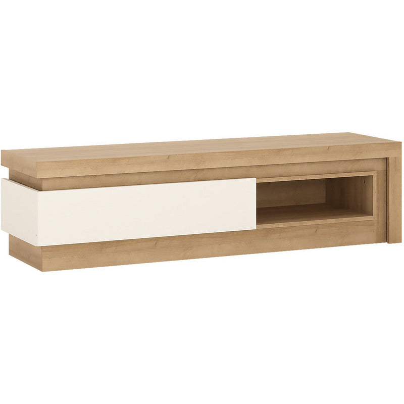 Lyon Riviera Oak & White High Gloss LED Lighting 1 Drawer With Open Shelf TV Unit