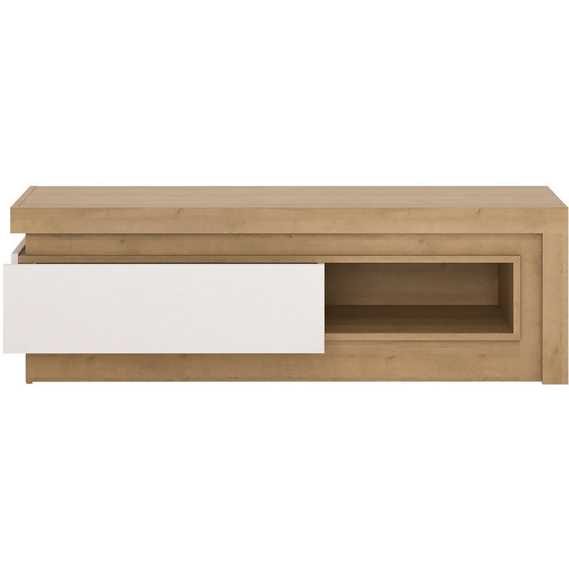 Lyon Riviera Oak & White High Gloss LED Lighting 1 Drawer With Open Shelf TV Unit