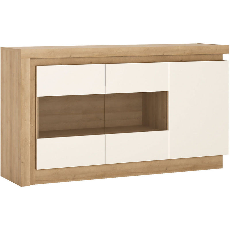 Lyon Riviera Oak & White High Gloss 3 Door With LED Lighting Glazed Sideboard