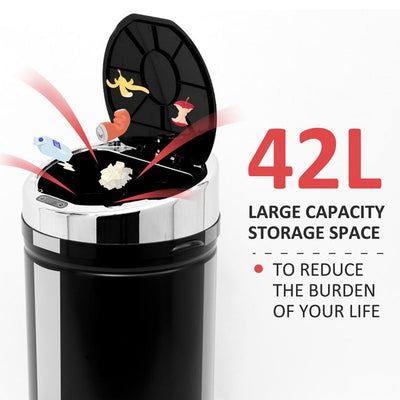 42L Stainless Steel Sensor Trash Can W/ Bucket - Black