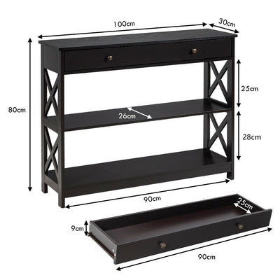 3-Tier Console Table with 1 Drawer and 2 Storage Shelves