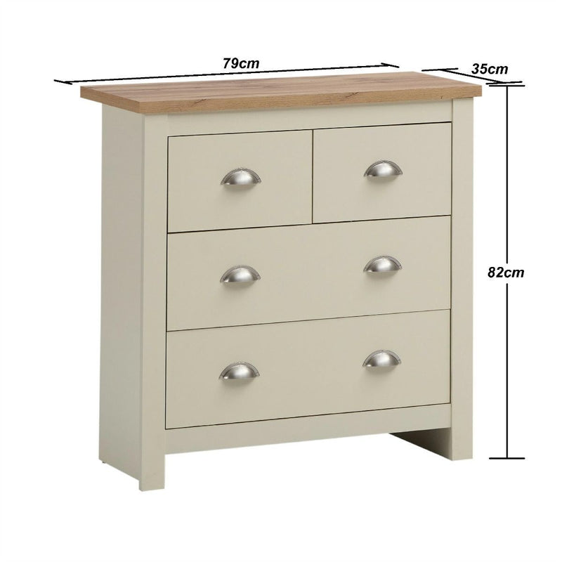 Lisbon 2 Piece Bedroom Set: 2 drawer bedside table / nightstand + 4 drawer chest of drawers in cream & oak