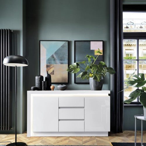 Lyon White & High Gloss 2 Door 3 Drawer With LED Lighting Sideboard