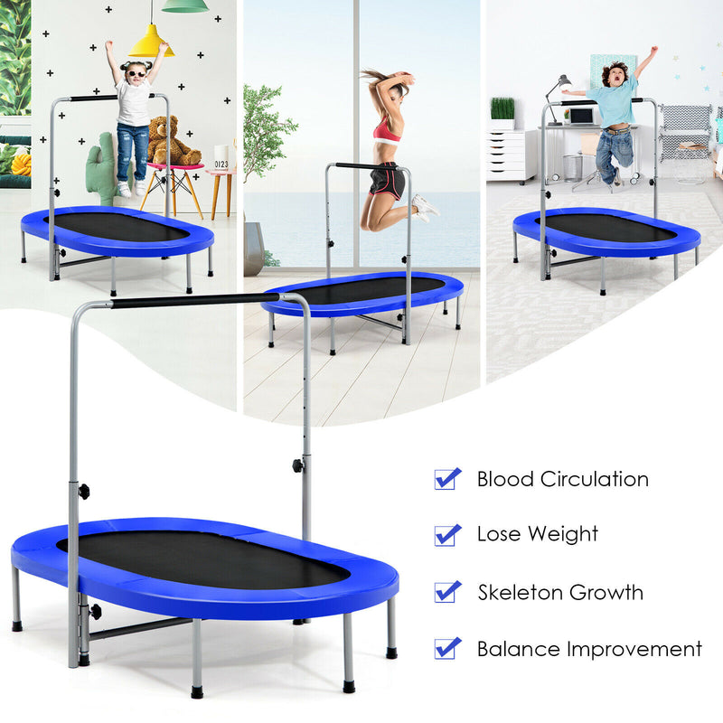 Double Foldable Fitness Trampoline with Adjustable Handrail-Blue