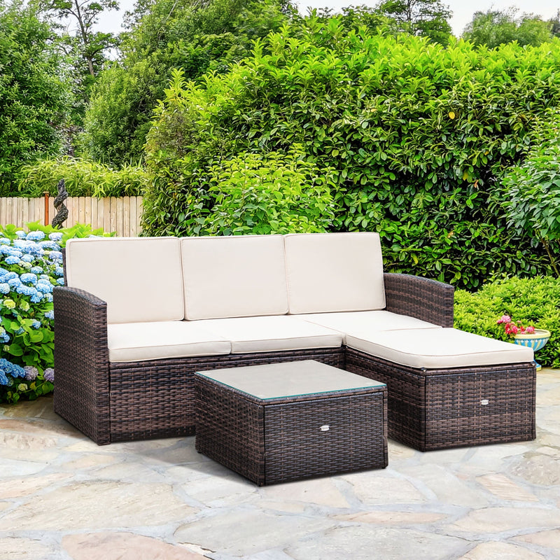 Outsunny 4-Seater Rattan Garden Furniture Outdoor Patio Corner Sofa and Coffee Table Set Footstool w/ Thick Cushions, Brown