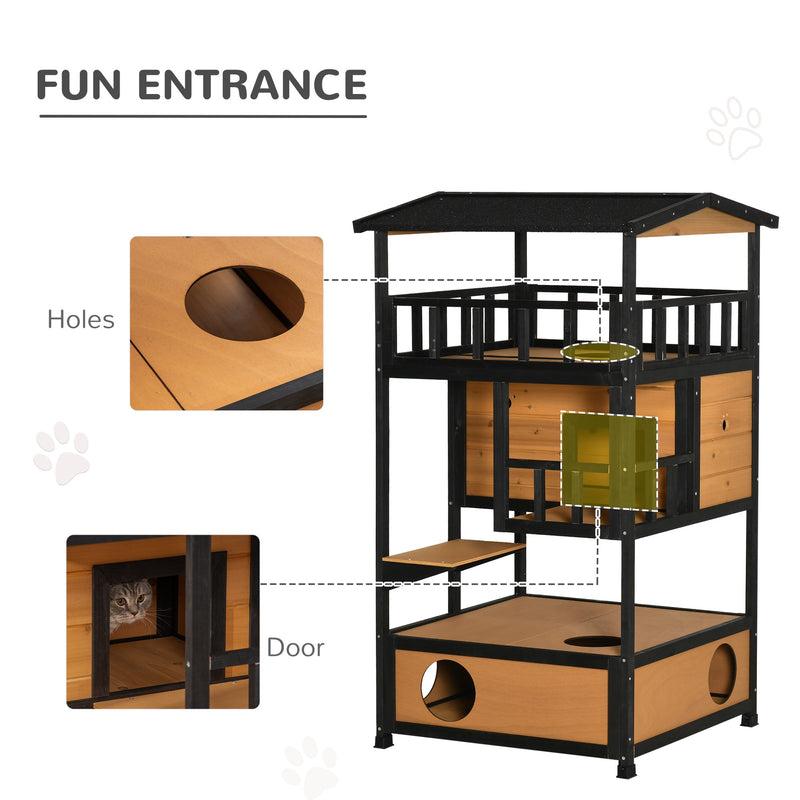 Casa de madera para gatos PawHut de 3 niveles para el refugio de invierno para gatitos con terraza con techo inclinado, escalón para saltar, bandeja inferior, base elevada, color amarillo