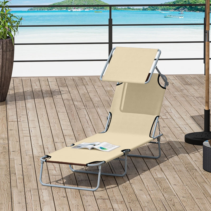 Reclining Chair Lounger Folding Seat With Shade Awning- Beige