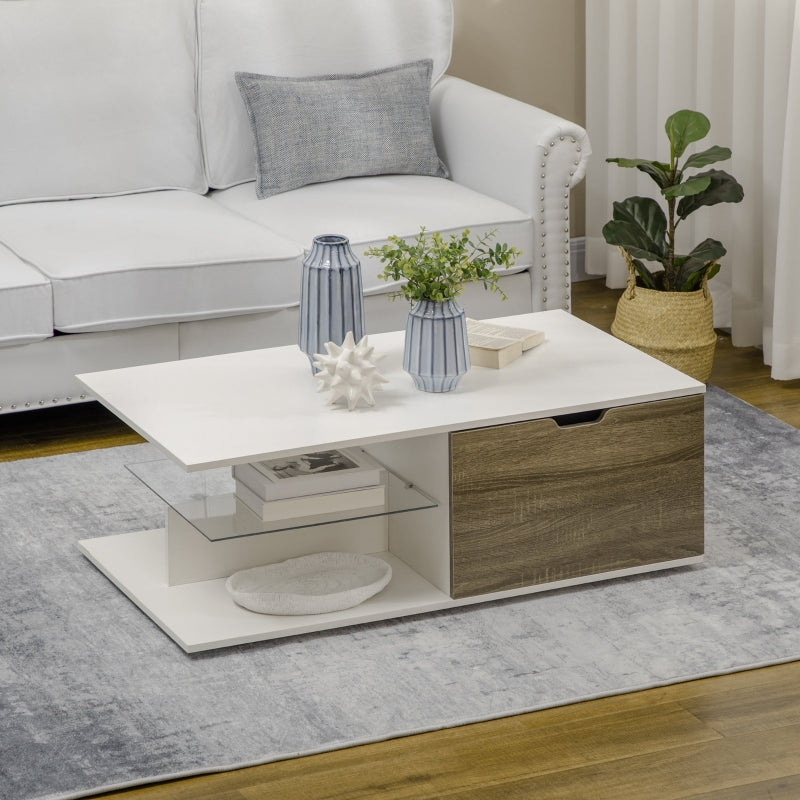 Modern Coffee Table With Tempered Glass Shelf And Two Drawers, White