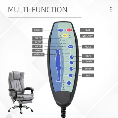 Vinsetto 6-point Vibrating Heat Massage Chair Micro Fibre Upholstery w/ Manual Footrest Padding High Back Remote Wheels Swivel Chair Reclining Grey