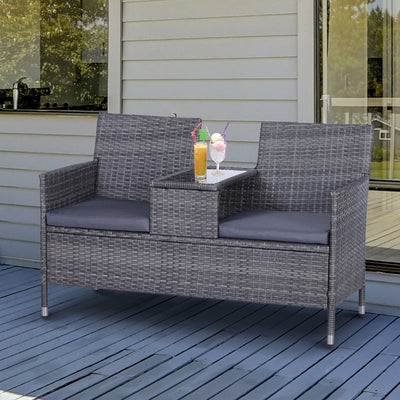 2-Seater PE Rattan Outdoor Garden Bench W/ Centre Table Grey