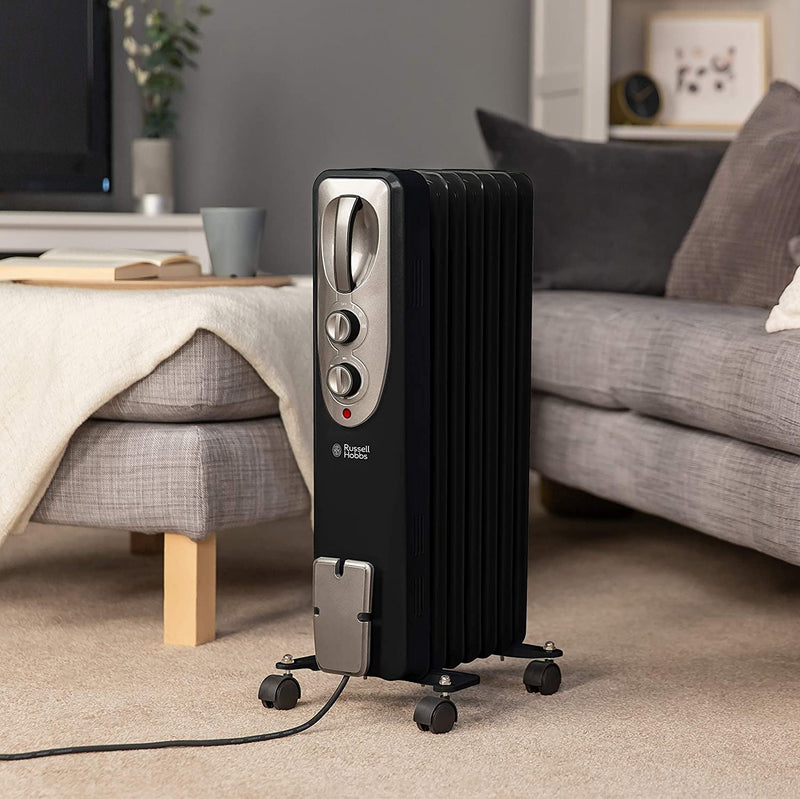 Russell Hobbs 1500W/1.5KW Oil Filled Radiator, 7 Fin Portable Electric Heater, Adjustable Thermostat with 3 Heat Settings, Safety Cut-off, RHOFR5001B