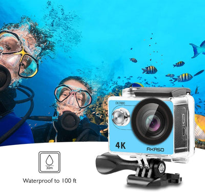 AKASO EK7000 4K Sport Action Camera Ultra HD Camcorder 12MP WiFi Waterproof Camera with 2 Rechargeable Batteries, 19 Accessories Kit - Blue