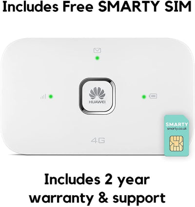 Huawei E5576, CAT 4, Portable 4G Low Cost Travel Wi-Fi, Roams on all World Networks, Genuine UK Warranty Stock, with FREE SMARTY SIM- White