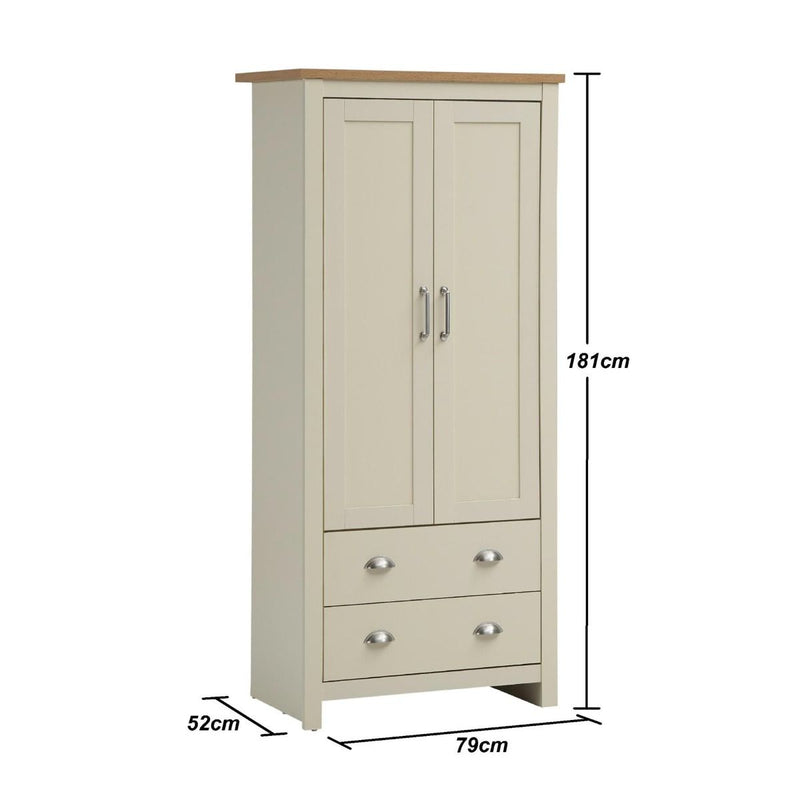 Lisbon 2 Piece Bedroom Set: 2 door wardrobe + 1 drawer bedside table / nightstand in cream & oak