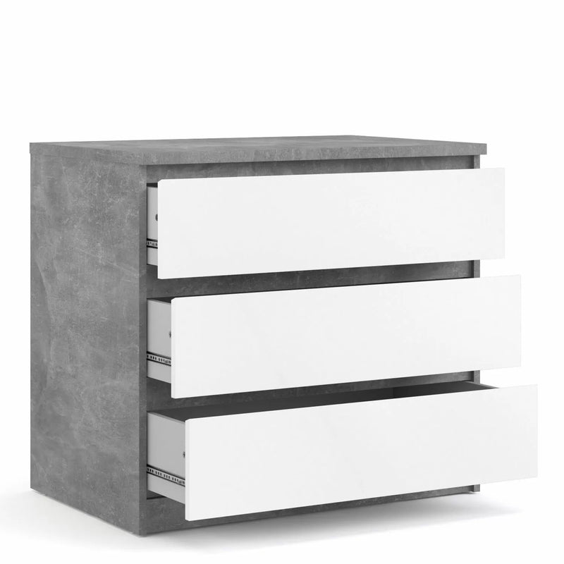 Naia Chest of 3 Drawers in Concrete and White High Gloss - Grey and White High Gloss