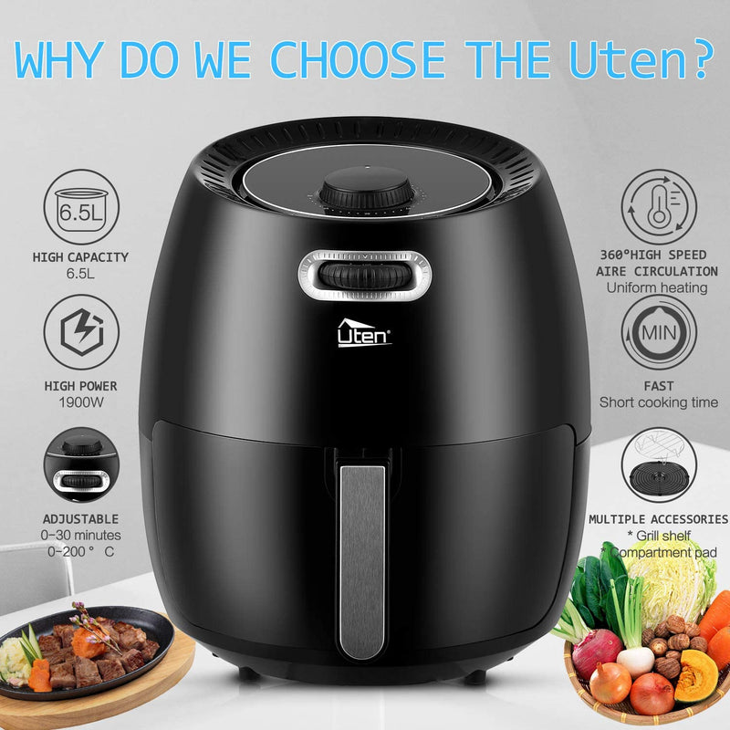 Uten 6.5L Air Fryer Oven Oil Free Fryer with Temperature Control and Timer, with Partition and Bracket, Detachable Basket, 1800W, Black