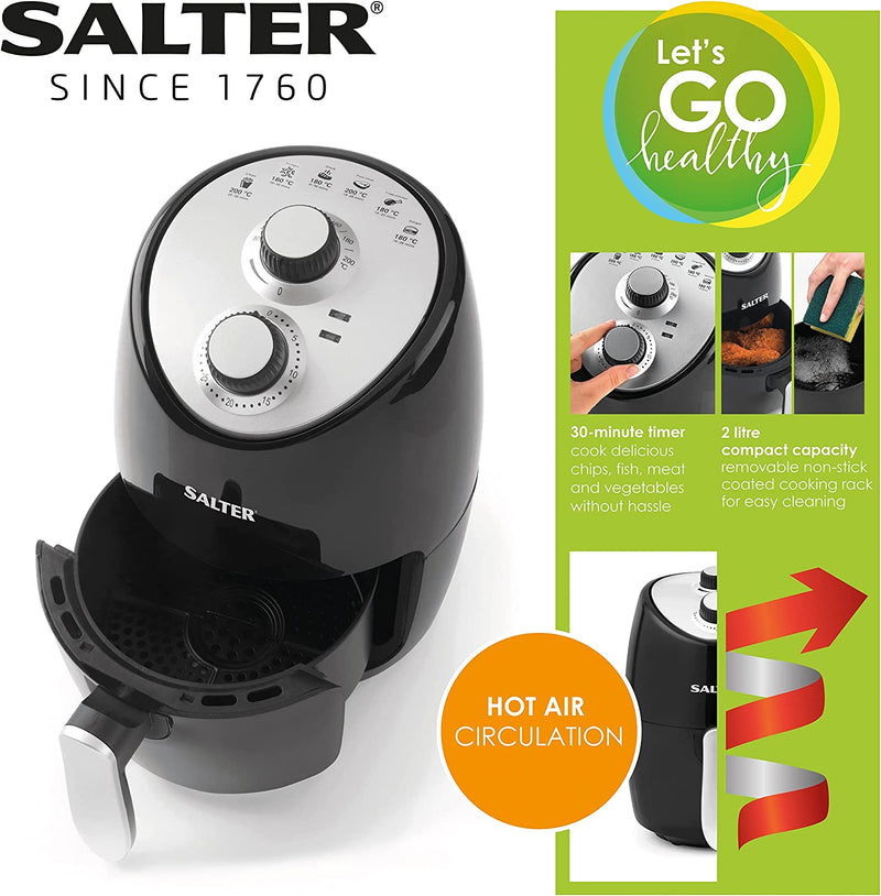 Salter EK2817 Compact 2L Hot Air Fryer with Removable Frying Rack, Adjustable Temperature Control, 30 Minute Timer, 1000 W For Small Family & Students