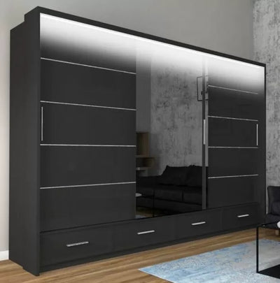 Mendeley Large High Gloss Sliding Wardrobe - Black, White, Grey