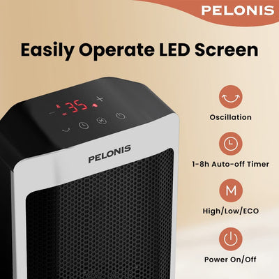 PELONIS Electric Space Heater 2000W, Remote Control, Energy Efficient, Portable Ceramic Heater, 75° Oscillation, Thermostat, Overheat Protection White