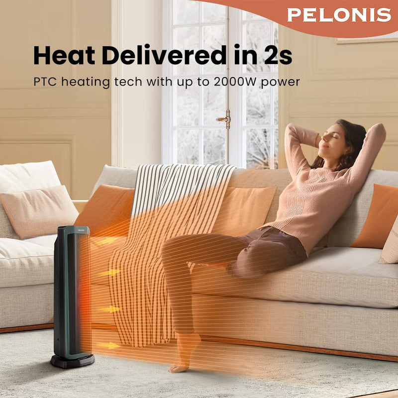 PELONIS Electric Space Heater 2000W, Remote Control, Energy Efficient, Portable Ceramic Heater, 75° Oscillation, Thermostat, Overheat Protection Green