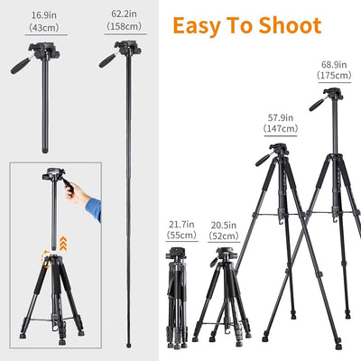 K&F Concept 70"/177cm Portable Tripod Outdoor Compact Aluminum Monopod with 3-Way Swivel Pan Tilt Head Cellphone Holder for Smartphone DSLR Camera