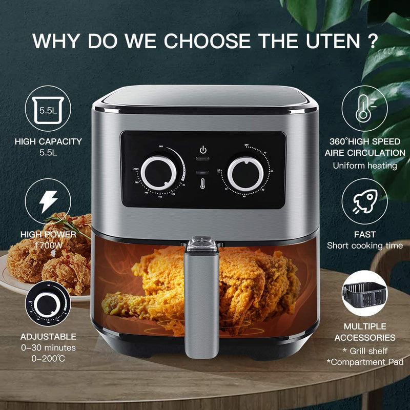 Uten 5.5L Air Fryer Oven for Home Use, 1700W with Rapid Air Technology for Healthy Oil Free & Low Fat Cooking , Baking and Grilling with Recipe