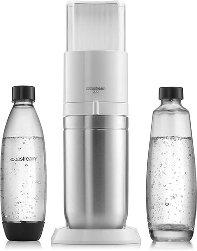 Sodastream Duo Sparkling Water Maker Machine, with 1 Litre Reusable BPA-Free Plastic Water Bottle + 1 L Glass Carafe & 60 Litre CO2 Gas Cylinder White