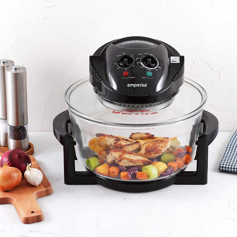 Emperial Premium Black 17L Halogen Convection Oven Cooker Air Fryer 1400W Includes Accesories Pack, Timer & Extender Ring