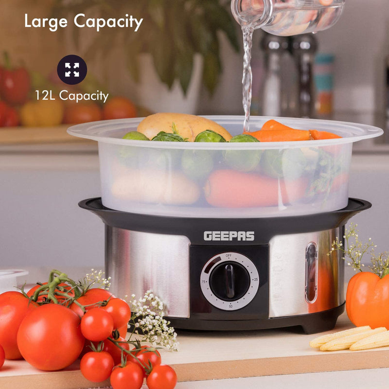 Geepas 3-Tier Food Steamer, 12L Capacity Electric Vegetable Steamer with BPA Free Removable Baskets for Healthy Steam Cooking