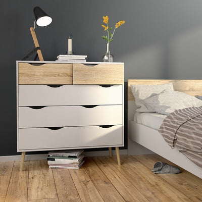 Oslo Chest of 5 Drawers (2+3) in White and Oak