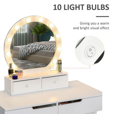 Modern Look Dressing Table Set with Lights Drawer and Cushioned Stool - White